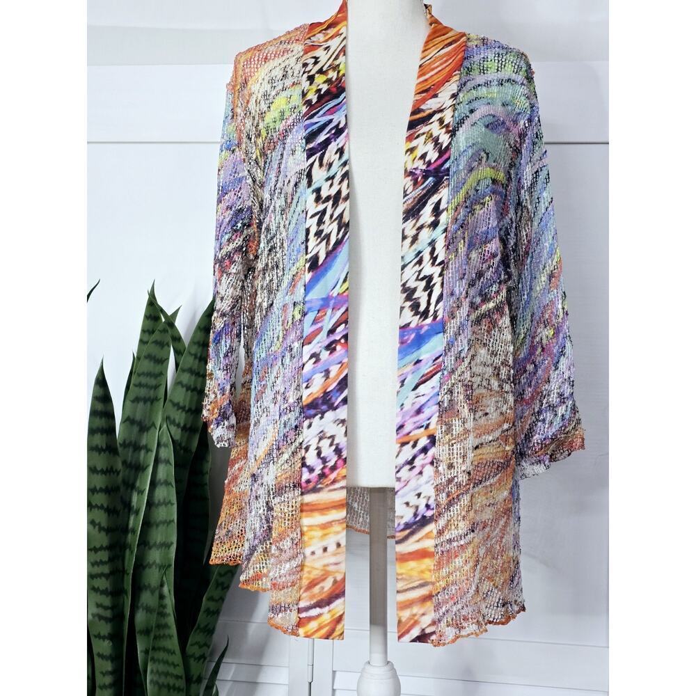 Serengeti Womens 1X Plus Tropical Burst Mesh Knit Cardigan Open Front 3Q Sleeve